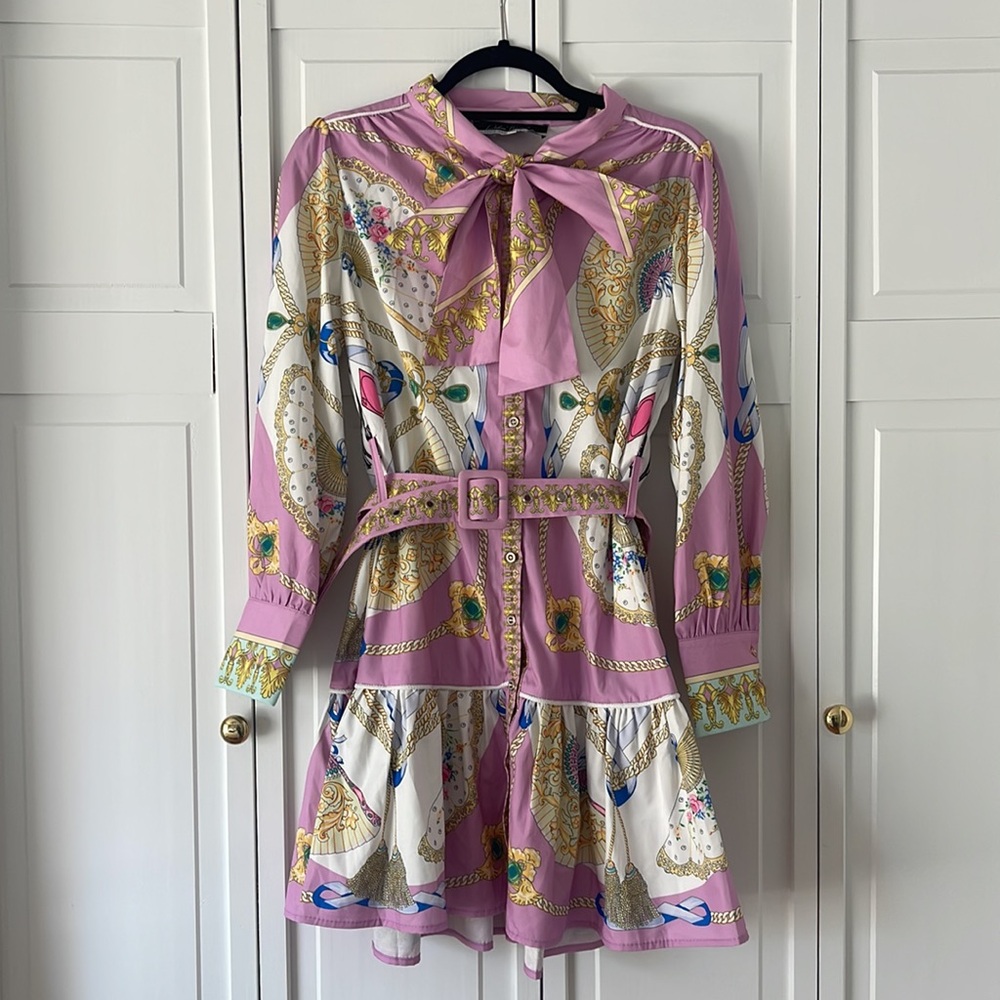 Dalia MacPhee Printed (Lavender Multi) Mini Dress Size Medium